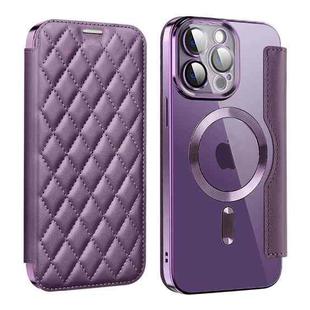 For iPhone 12 Pro Max Shield Magsafe RFID Anti-theft Rhombus Leather Phone Case(Purple)