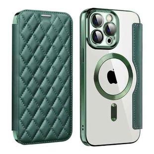 For iPhone 13 Pro Shield Magsafe RFID Anti-theft Rhombus Leather Phone Case(Green)