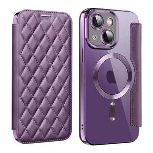 For iPhone 14 Shield Magsafe RFID Anti-theft Rhombus Leather Phone Case(Purple)