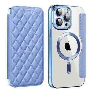 For iPhone 14 Pro Shield Magsafe RFID Anti-theft Rhombus Leather Phone Case(Blue)