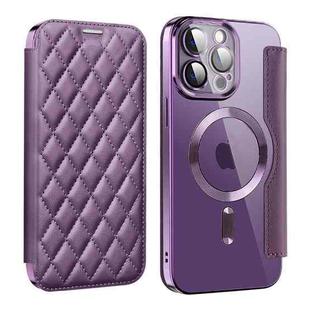 For iPhone 15 Pro Shield Magsafe RFID Anti-theft Rhombus Leather Phone Case(Purple)