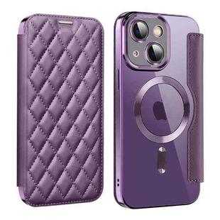 For iPhone 15 Plus Shield Magsafe RFID Anti-theft Rhombus Leather Phone Case(Purple)