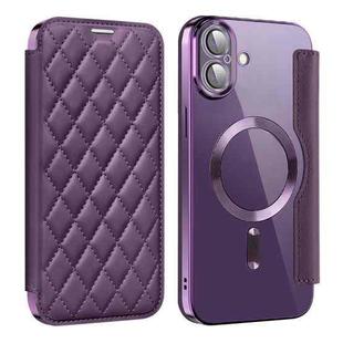 For iPhone 16 Shield Magsafe RFID Anti-theft Rhombus Leather Phone Case(Purple)