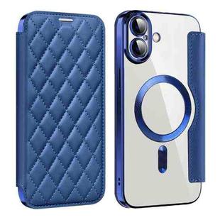 For iPhone 16 Plus Shield Magsafe RFID Anti-theft Rhombus Leather Phone Case(Dark Blue)