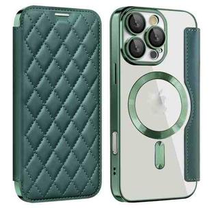 For iPhone 16 Pro Max Shield Magsafe RFID Anti-theft Rhombus Leather Phone Case(Green)