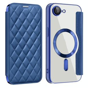 For iPhone 16e Shield Magsafe RFID Anti-theft Rhombus Leather Phone Case(Dark Blue)