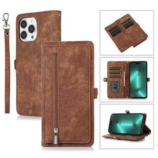 For iPhone 15 Pro Zipper Card Slot Buckle Wallet Leather Phone Case(Brown)