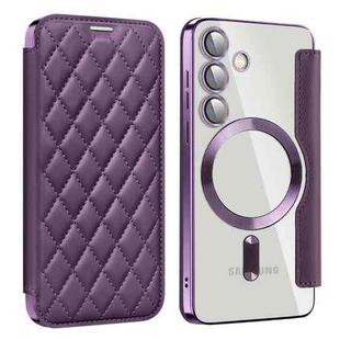 For Samsung Galaxy S24 5G Shield Magsafe RFID Anti-theft Rhombus Leather Phone Case(Purple)