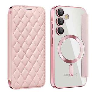 For Samsung Galaxy A55 5G Shield Magsafe RFID Anti-theft Rhombus Leather Phone Case(Pink)