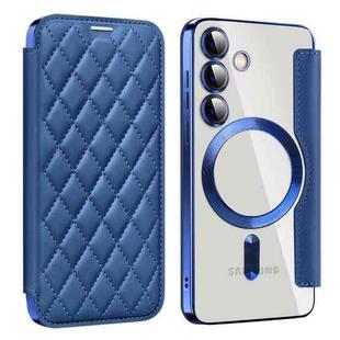For Samsung Galaxy S25 5G Shield MagSafe RFID Anti-theft Rhombus Leather Phone Case(Dark Blue)