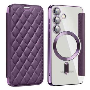 For Samsung Galaxy S25 5G Shield MagSafe RFID Anti-theft Rhombus Leather Phone Case(Purple)