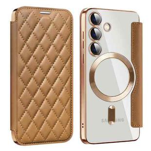 For Samsung Galaxy S25 5G Shield MagSafe RFID Anti-theft Rhombus Leather Phone Case(Brown)