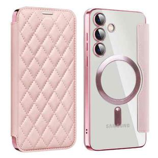 For Samsung Galaxy S25+ 5G Shield MagSafe RFID Anti-theft Rhombus Leather Phone Case(Pink)