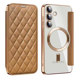 For Samsung Galaxy S25+ 5G Shield MagSafe RFID Anti-theft Rhombus Leather Phone Case(Brown)