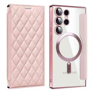 For Samsung Galaxy S25 Ultra 5G Shield MagSafe RFID Anti-theft Rhombus Leather Phone Case(Pink)