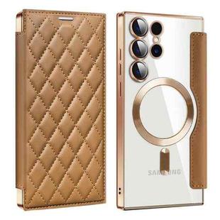 For Samsung Galaxy S25 Ultra 5G Shield MagSafe RFID Anti-theft Rhombus Leather Phone Case(Brown)