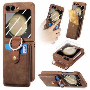 For Samsung Galaxy Z Flip5 5G Integrated Magnetic Card Wallet Diamond-encrusted Ring Phone Case(Brown)