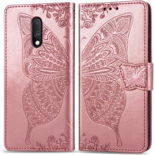 Butterfly Love Flowers Embossing Horizontal Flip Leather Case For One Plus 7  with Holder & Card Slots & Wallet & Lanyard(Rose gold)