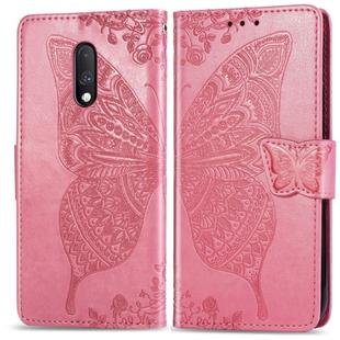 Butterfly Love Flowers Embossing Horizontal Flip Leather Case For One Plus 7  with Holder & Card Slots & Wallet & Lanyard(Pink)