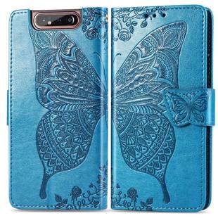 Butterfly Love Flowers Embossing Horizontal Flip Leather Case for Galaxy A80 / A90, with Holder & Card Slots & Wallet & Lanyard(Blue)
