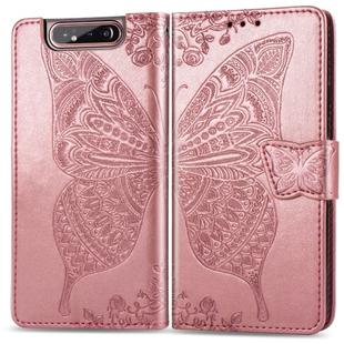Butterfly Love Flowers Embossing Horizontal Flip Leather Case for Galaxy A80 / A90, with Holder & Card Slots & Wallet & Lanyard(Rose Gold)