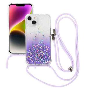 For  iPhone 15 Gradient Glitter Epoxy TPU Thickened Acrylic Phone Case with Round Neck Lanyard(Purple)