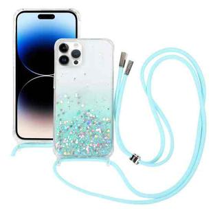 For iPhone 15 Pro Gradient Glitter Epoxy TPU Thickened Acrylic Phone Case with Round Neck Lanyard(Blue)