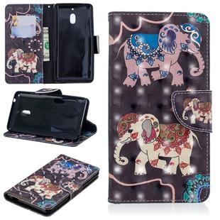 3D Colored Drawing Pattern Horizontal Flip Leather Case for Nokia 2.1, with Holder & Card Slots & Wallet(Two Elephants)