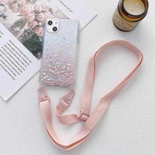 For iPhone 15 Gradient Glitter Epoxy TPU Thickened Acrylic Phone Case with Wide Lanyard(Pink)