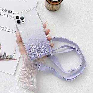 For iPhone 15 Pro Gradient Glitter Epoxy TPU Thickened Acrylic Phone Case with Wide Lanyard(Purple)