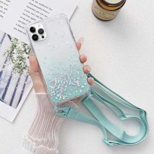 For iPhone 15 Pro Gradient Glitter Epoxy TPU Thickened Acrylic Phone Case with Wide Lanyard(Blue)