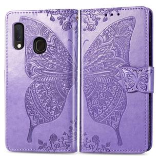 For Galaxy A20e Butterfly Love Flowers Embossing Horizontal Flip Leather Case with Holder & Card Slots & Wallet & Lanyard(Light purple)