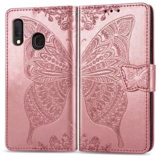 For Galaxy A20e Butterfly Love Flowers Embossing Horizontal Flip Leather Case with Holder & Card Slots & Wallet & Lanyard(Rose gold)