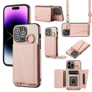 For iPhone 14 Pro Crossbody Ring Wallet Leather Back Cover Phone Case(Pink)
