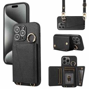 For iPhone 15 Pro Crossbody Ring Wallet Leather Back Cover Phone Case(Black)