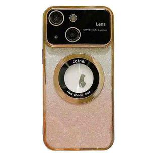 For iPhone 15 Plus Large Window MagSafe Gradient Glitter Electroplating TPU Phone Case(Gold)