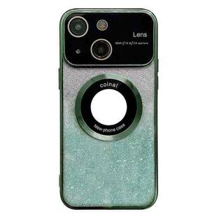 For iPhone 15 Plus Large Window MagSafe Gradient Glitter Electroplating TPU Phone Case(Green)