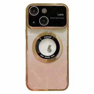 For iPhone 14 Large Window MagSafe Gradient Glitter Electroplating TPU Phone Case(Gold)