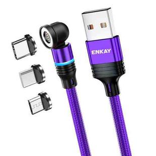 ENKAY 3 in 1 3A USB to Type-C / 8 Pin / Micro USB Magnetic 540 Degrees Rotating Fast Charging Cable, Length:2m(Purplele)
