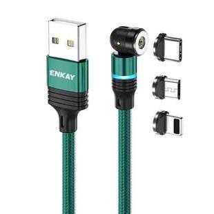 ENKAY 3 in 1 2.4A USB to Type-C / 8 Pin / Micro USB Magnetic 540 Degrees Rotating Charging Cable, Length:1m(Green)