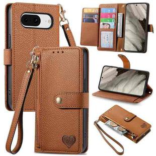 For Google Pixel 8 Love Zipper Lanyard Leather Phone Case(Brown)