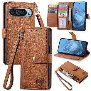 For Google Pixel 9 Love Zipper Lanyard Leather Phone Case(Brown)