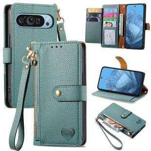 For Google Pixel 9 Love Zipper Lanyard Leather Phone Case(Green)