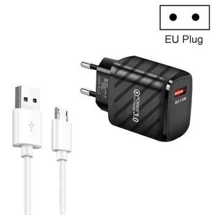 TE-005 QC3.0 18W USB Fast Charger with 1m 3A USB to Micro USB Cable, EU Plug(Black)