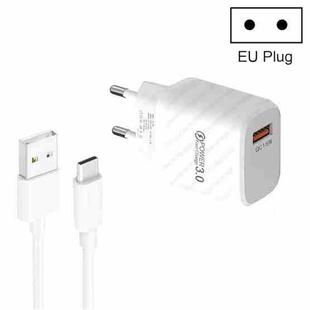 TE-005 QC3.0 18W USB Fast Charger with 1m 3A USB to Type-C Cable, EU Plug(White)