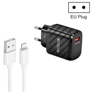 TE-005 QC3.0 18W USB Fast Charger with 1m 3A USB to 8 Pin Cable, EU Plug(Black)