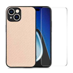 For iPhone 15 Plus ENKAY Fiber Leather Skin PC Phone Case with High Aluminum-silicon Glass Film(Khaki)
