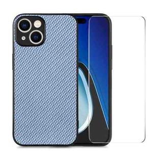 For iPhone 14 Plus ENKAY Fiber Leather Skin PC Phone Case with High Aluminum-silicon Glass Film(Blue)
