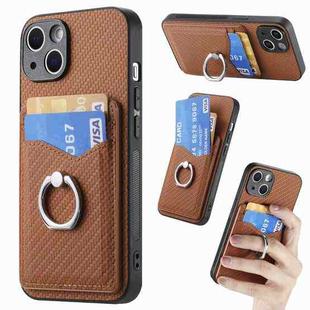 For iPhone 15 Carbon Fiber Card Wallet Ring Holder Phone Case(Brown)