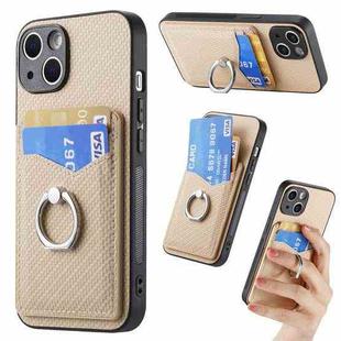For iPhone 15 Carbon Fiber Card Wallet Ring Holder Phone Case(Khaki)